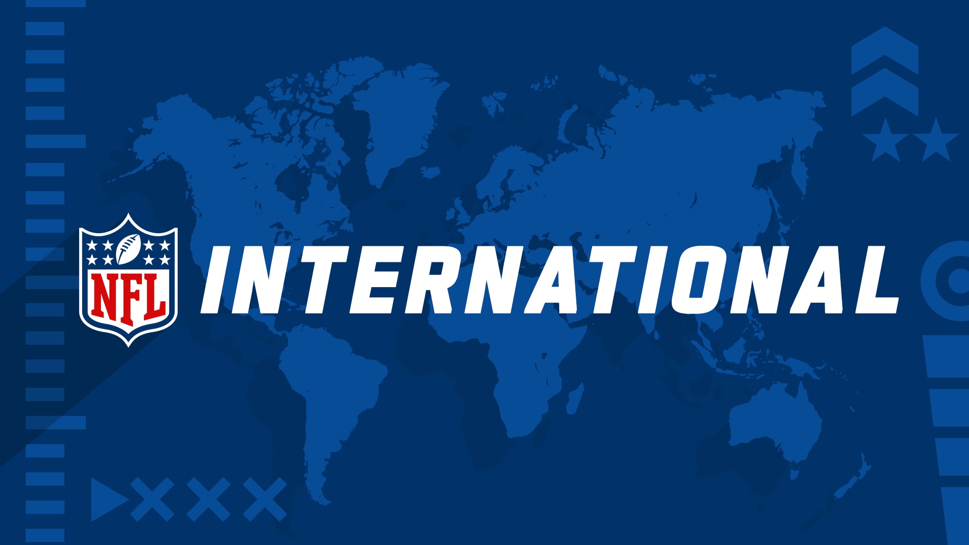 NFL International logo featuring the official NFL shield with red, white and blue design overlaid on blue world map background
