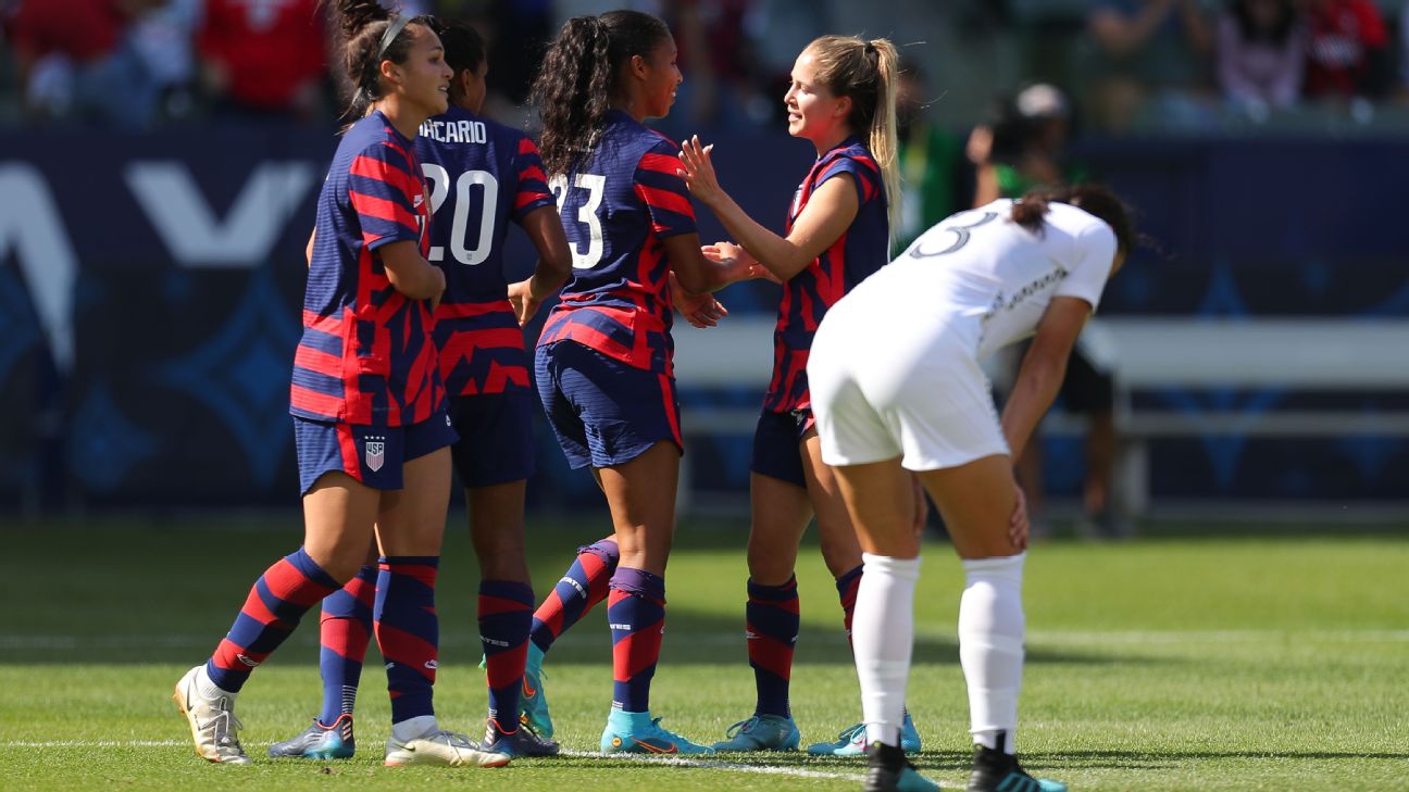 USWNT players celebrate after an own goal by New Zealand in the team's win at the SheBelieves Cup.