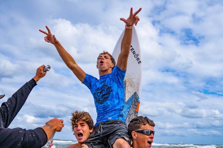 Cannon Carr celebrates maiden WSL victory at 2025 WRV Outer Banks Pro with jubilant beach celebration