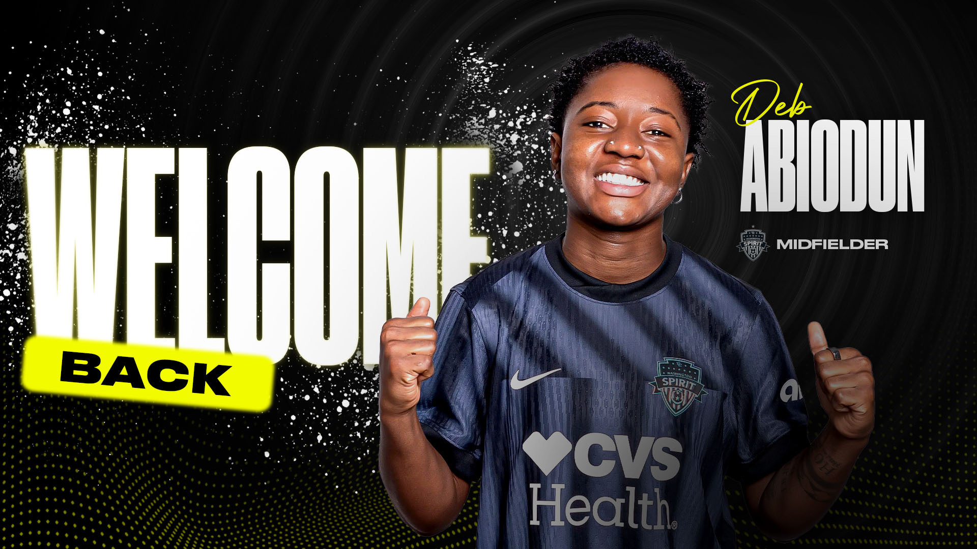 Deborah Abiodun smiles in Washington Spirit jersey with Welcome Back text announcing her recall from Dallas Trinity loan