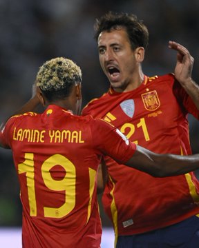 89/4/2025 Vasil Levski Stadium, Sofia, Bulgaria,Lamine Yamal joins Mikel Oyarzabal in his goal celebration. Mandatory Credit UEFA.com