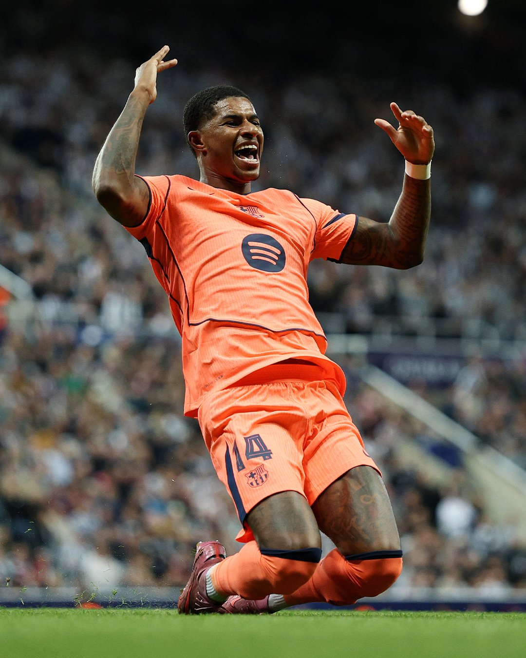 9/18/2025 St. James Park, Newcastle Upon Tyne, England. Marcus Rashford second goal celebration Mandatory Credit: UEFA.com