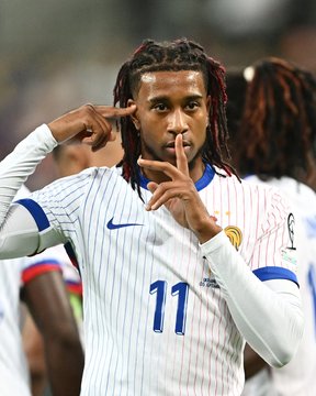 9/5/2025 Stadion Miejski, Inowrocław, Poland . Michael Olise celebrates his goal. Mandatory Credit UEFA.com