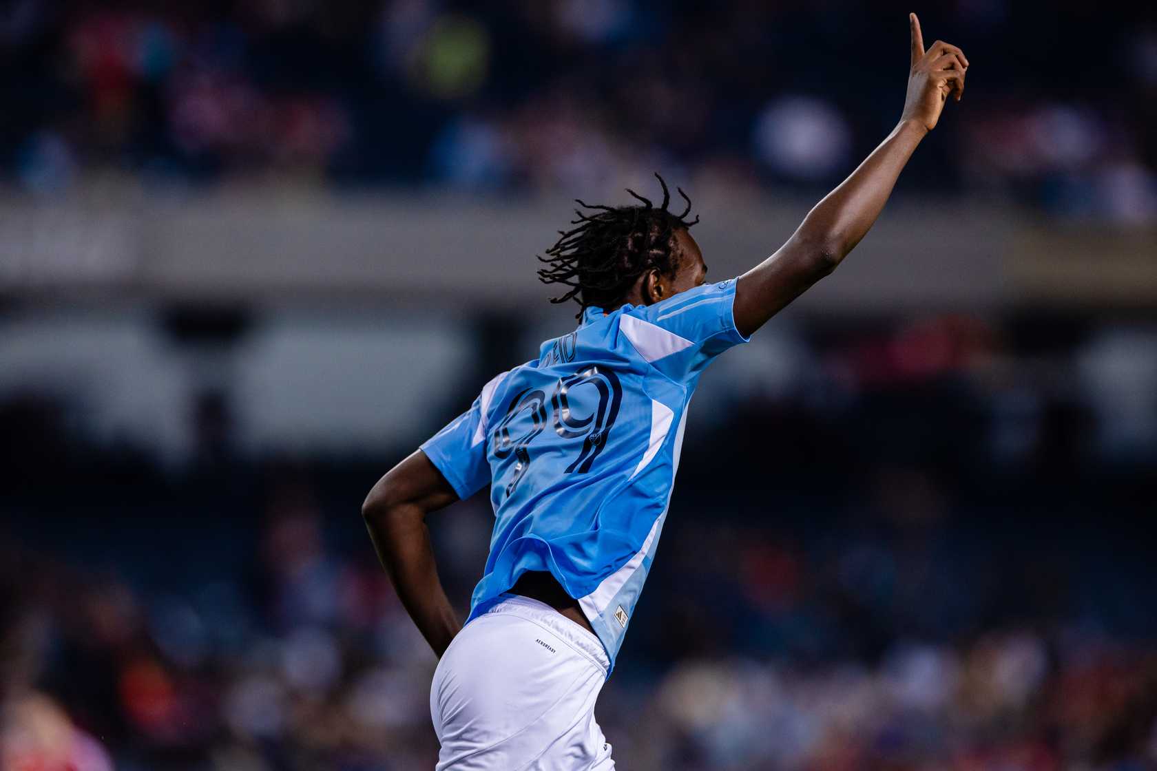 New York City FC forward Seymour Reid (#99) celebrates after scoring his historic first MLS goal, becoming the youngest goalscorer in club history during NYCFC's 3-1 victory over Chicago Fire at Soldier Field