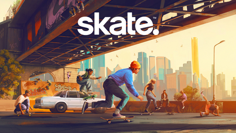 EA Sports Skate game promotional artwork showing skateboarders performing tricks in urban San Vansterdam cityscape at sunset