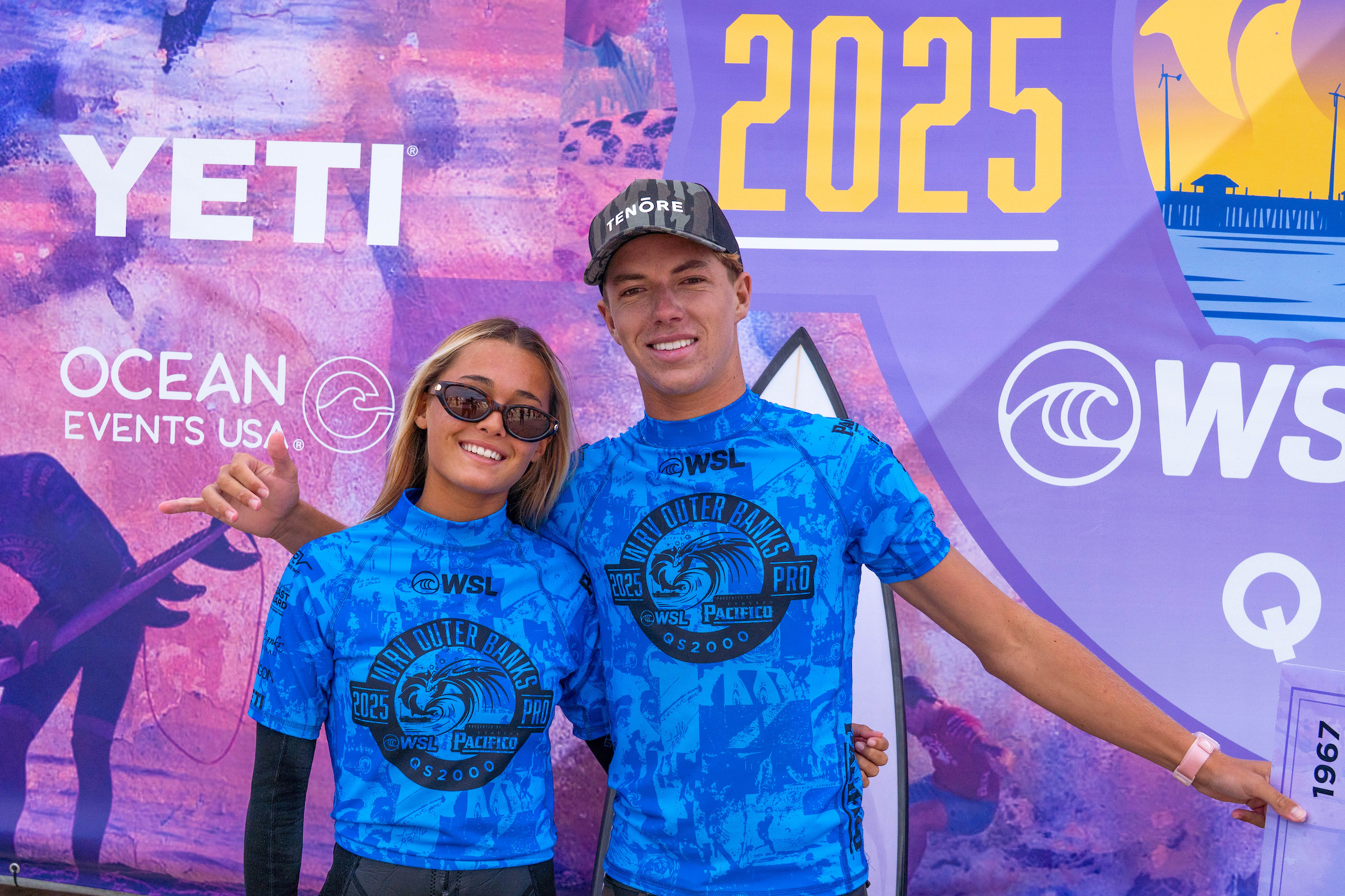 Alana Lopez and Cannon Carr celebrate championship victories at 2025 WRV Outer Banks Pro Presented by Pacifico