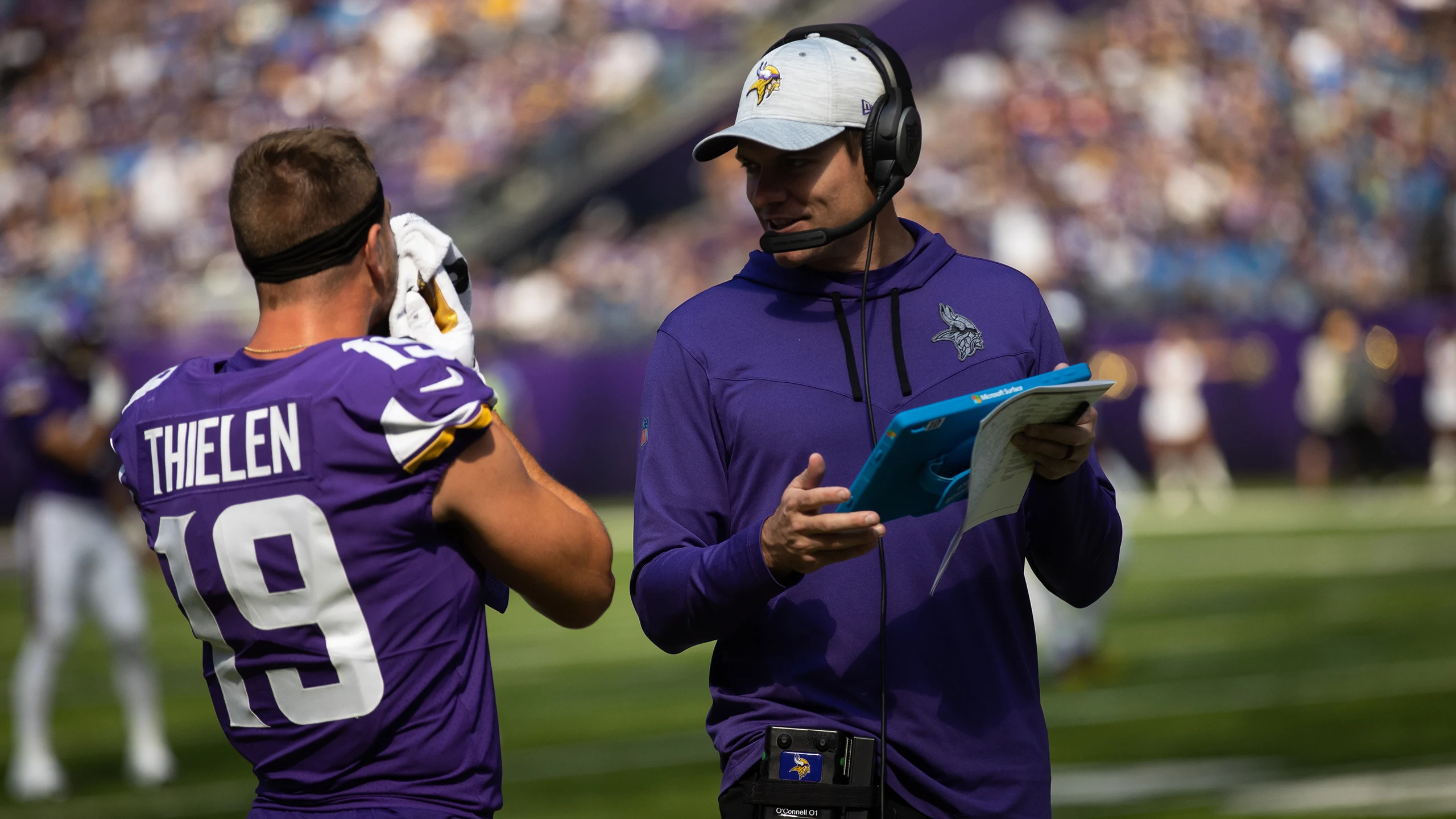 Adam Thielen in Minnesota Vikings purple jersey number 19 during game action