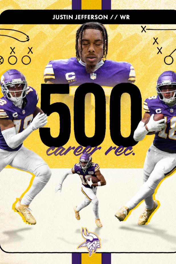 Minnesota Vikings wide receiver Justin Jefferson celebrates his historic 500th career reception milestone during the Week 2 Sunday Night Football game against the Atlanta Falcons at U.S. Bank Stadium