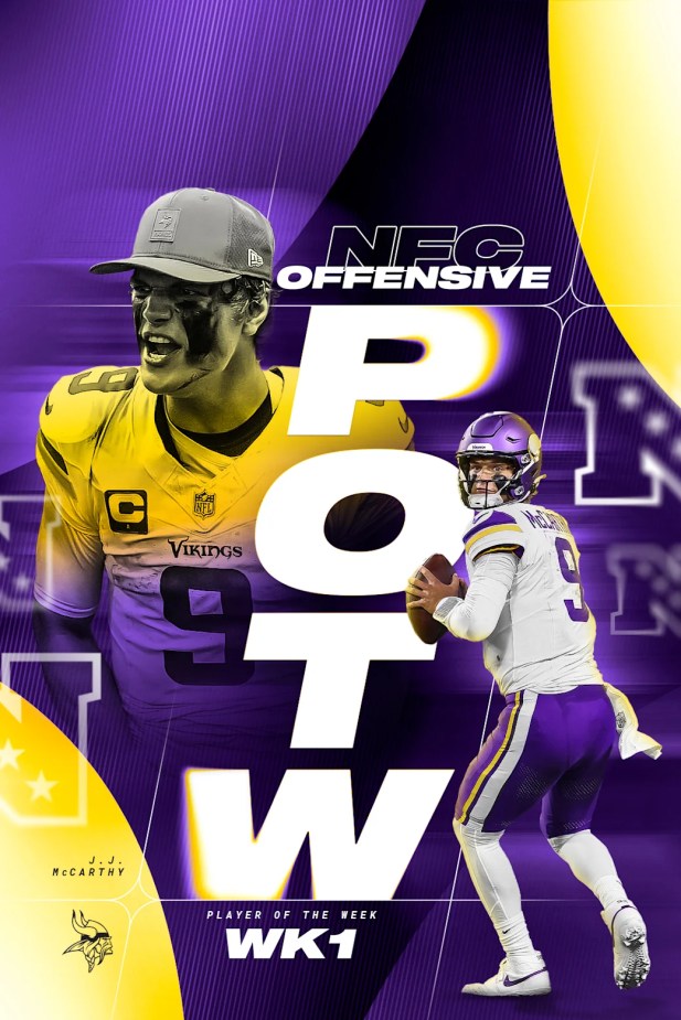 NFL Offensive Player of the Week graphic featuring J.J. McCarthy in Minnesota Vikings colors, highlighting his historic debut performance