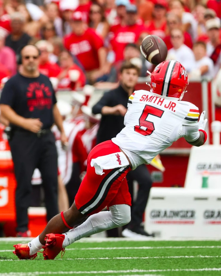 Maryland Terrapins wide receiver Octavian Smith Jr. (#5) makes a spectacular diving catch against the Wisconsin Badgers at Camp Randall Stadium during the Big Ten conference opener
