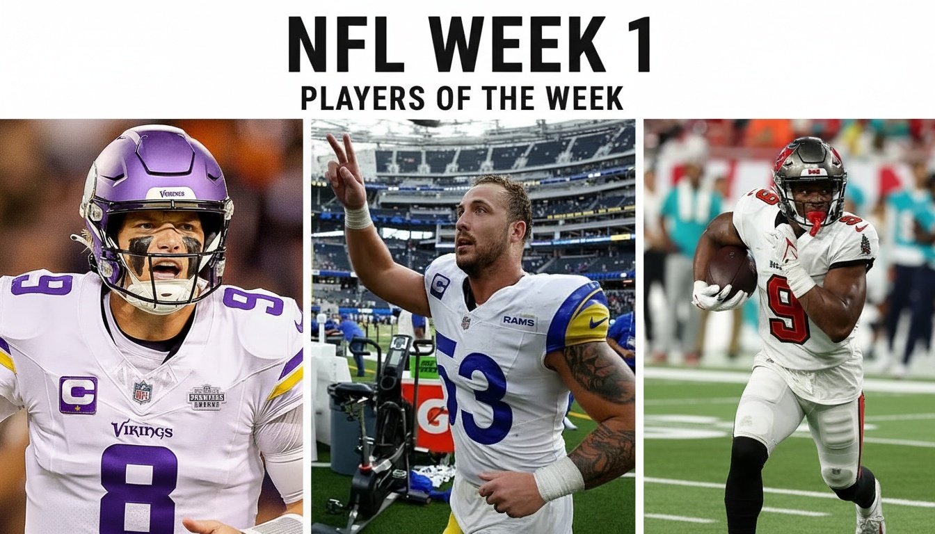 Composite image of NFC Week 1 Players of the Week - J.J. McCarthy throwing a pass, Nate Landman making a defensive play, and Kameron Johnson on special teams