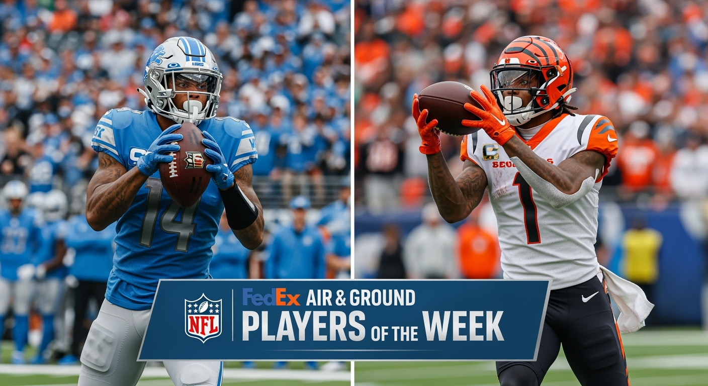 FedEx Air & Ground Week 2 Players of the Week: Amon-Ra St. Brown (Lions) and Ja'Marr Chase (Bengals) in action with official award banner