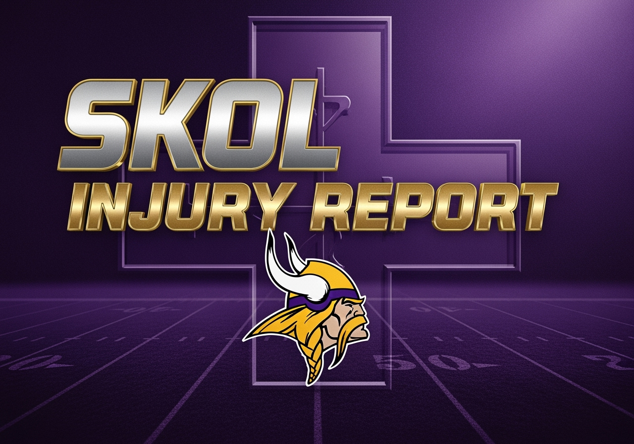 Minnesota Vikings SKOL Injury Report graphic featuring team logo in purple and gold colors with football field background