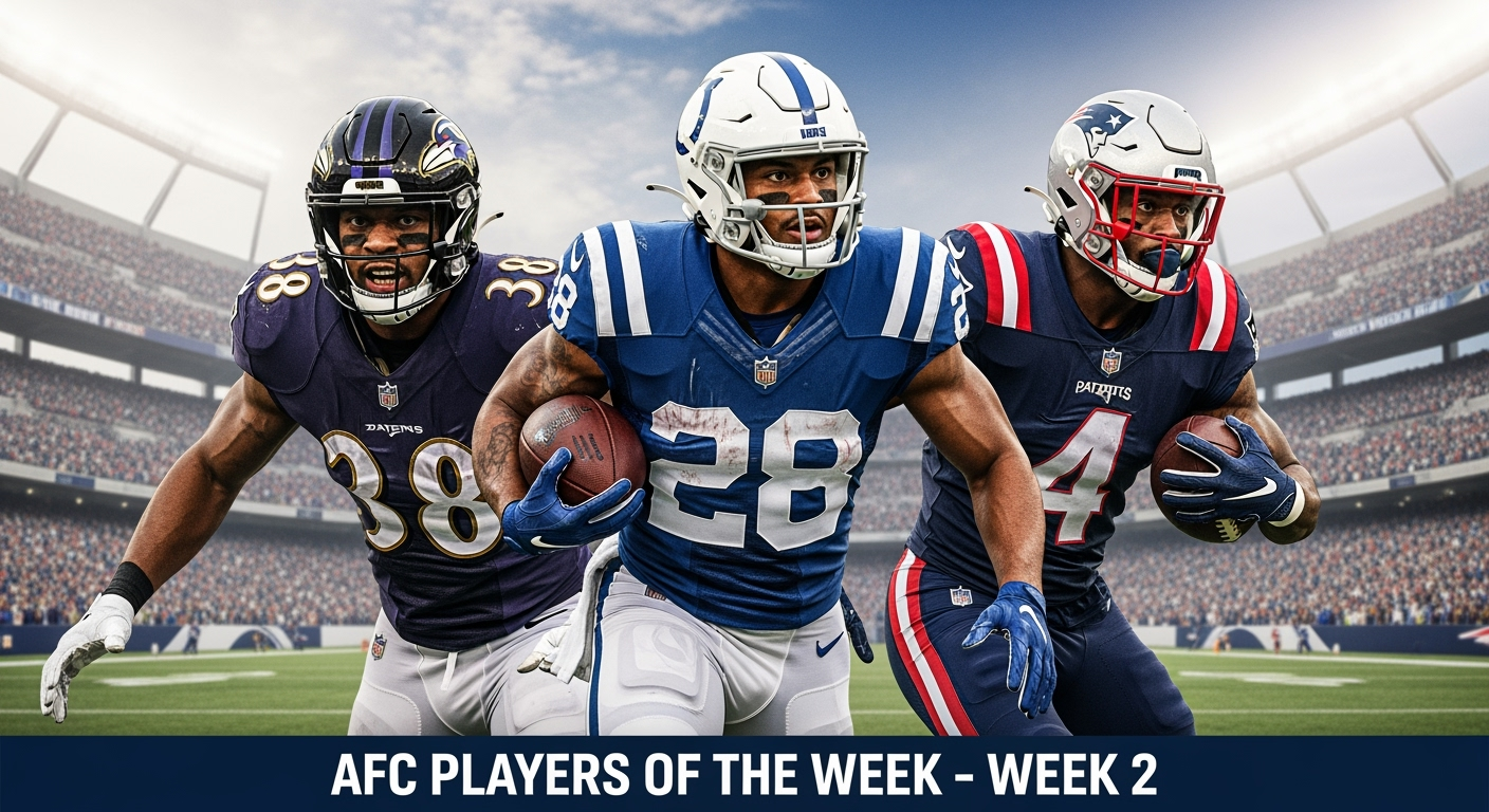 AFC Week 2 Players of the Week: Jonathan Taylor, Roquan Smith, and Antonio Gibson in dynamic action poses representing their outstanding performances