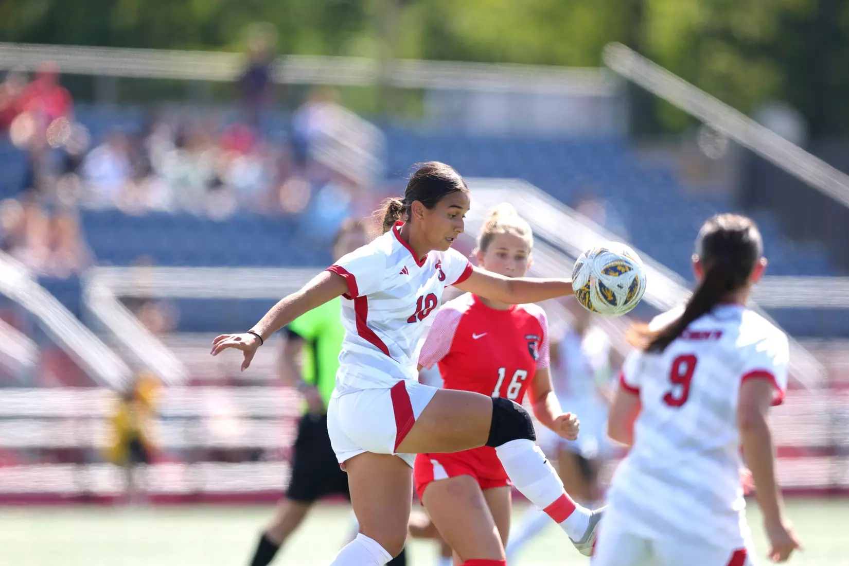 St. John's University forward Jaylen Vallecillo (#10) during her two-goal performance in a 2-2 draw against Fairleigh Dickinson University
