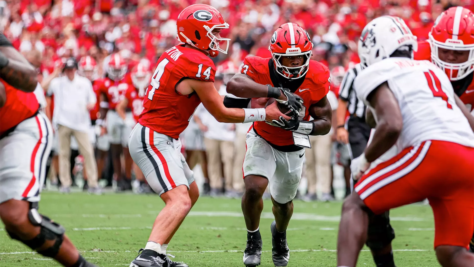 University of Georgia quarterback Gunner Stockton hands off the football to running back Chauncey Bowens during game action