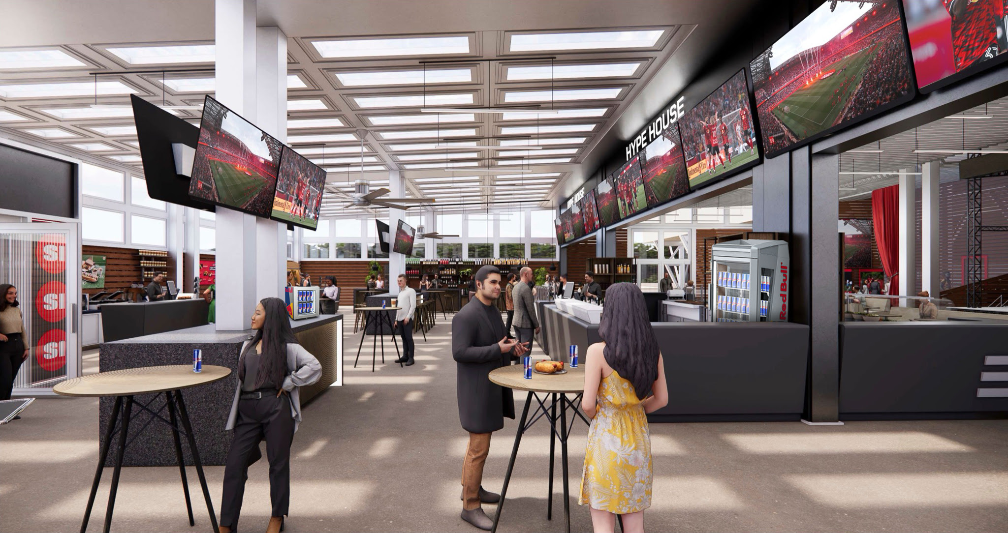 Hype House interior rendering at Sports Illustrated Stadium showing open-air social club design with premium seating and pitch views