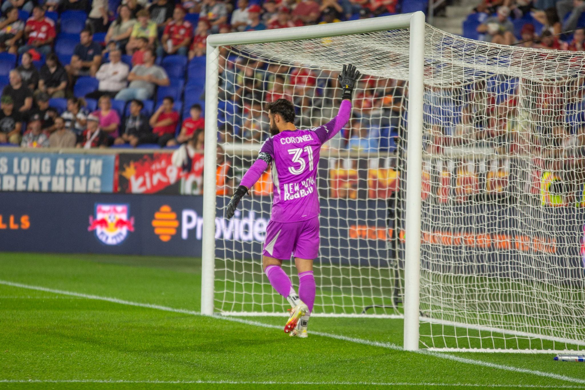 New York Red Bulls goalkeeper Carlos Coronel walks across his penalty area during the Red Bulls' 0-1 loss to FC Cincinnati at Sports Illustrated Stadium on October 4, 2025