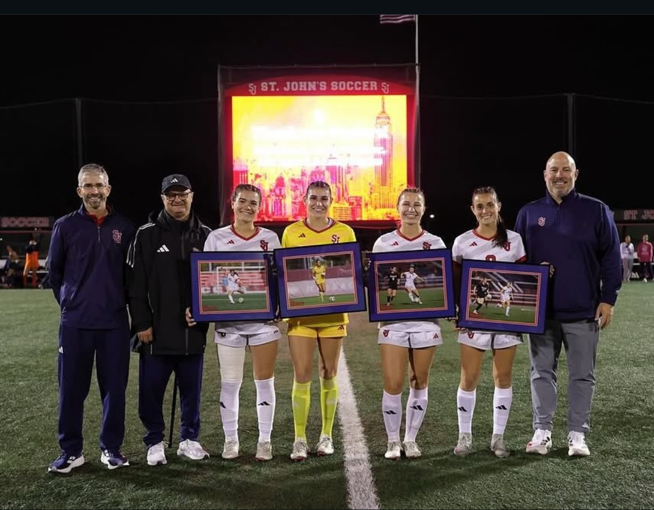 St. John's women's soccer seniors Mia Agresti, Kayla Bower, Emily Riggins, and Molly McGlame honored on Senior Night at Belson Stadium before their match against Villanova on October 11, 2025