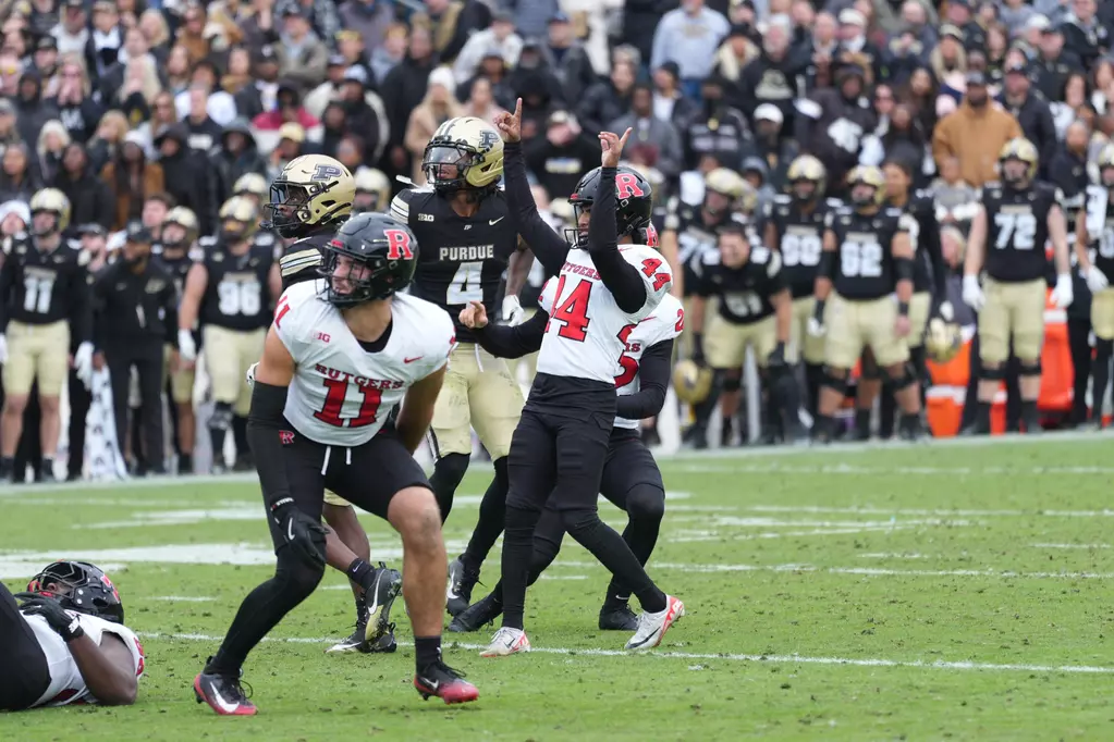 Rutgers Scarlet Knights kicker Jai Patel #44 kicks game-winning 30-yard field goal as time expires against Purdue Boilermakers at Ross-Ade Stadium on October 25, 2025