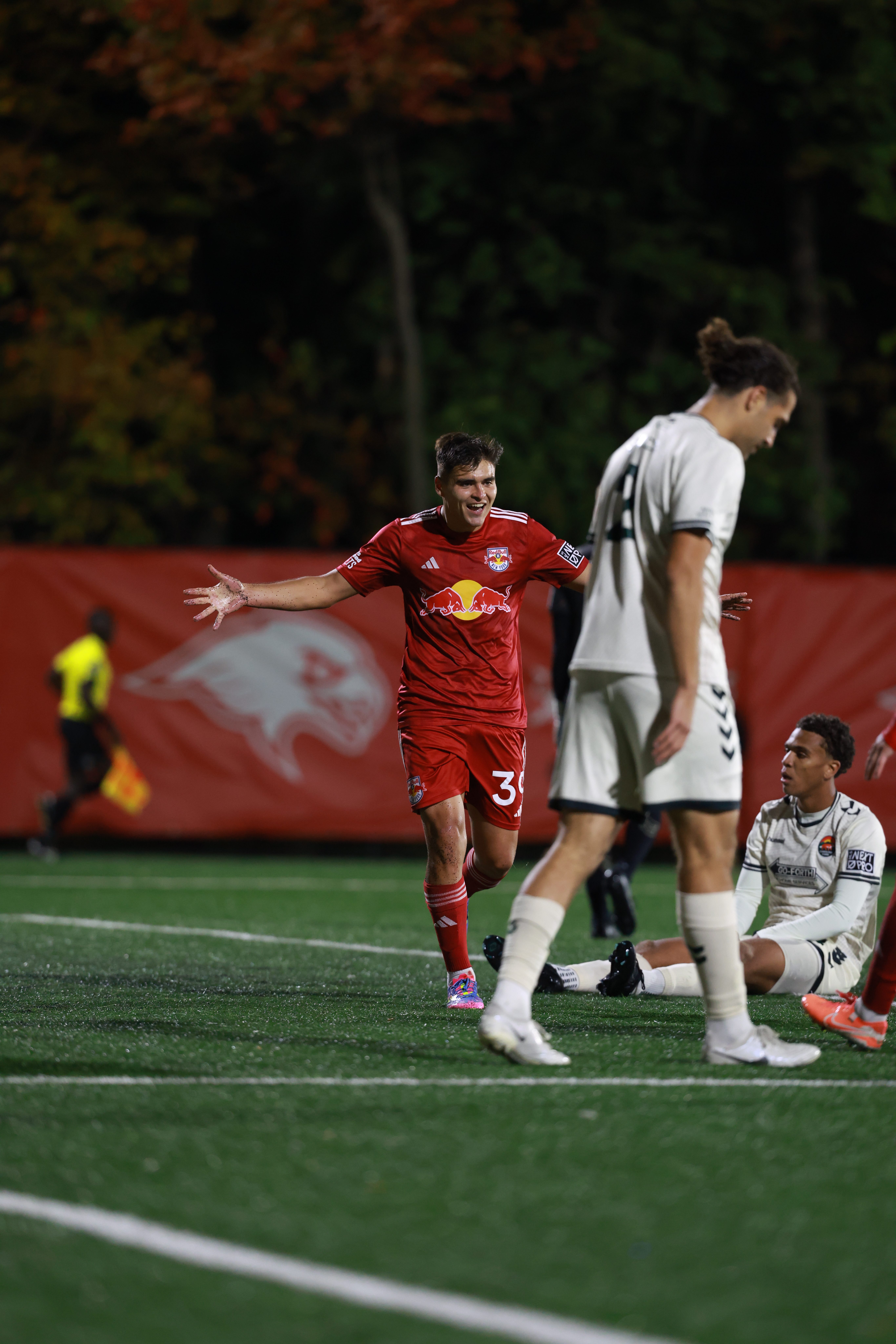 Nehuén Benedetti of New York Red Bulls II celebrates after scoring during the MLS Next Pro playoff match against Carolina Core FC at Montclair, NJ on October 20, 2025.