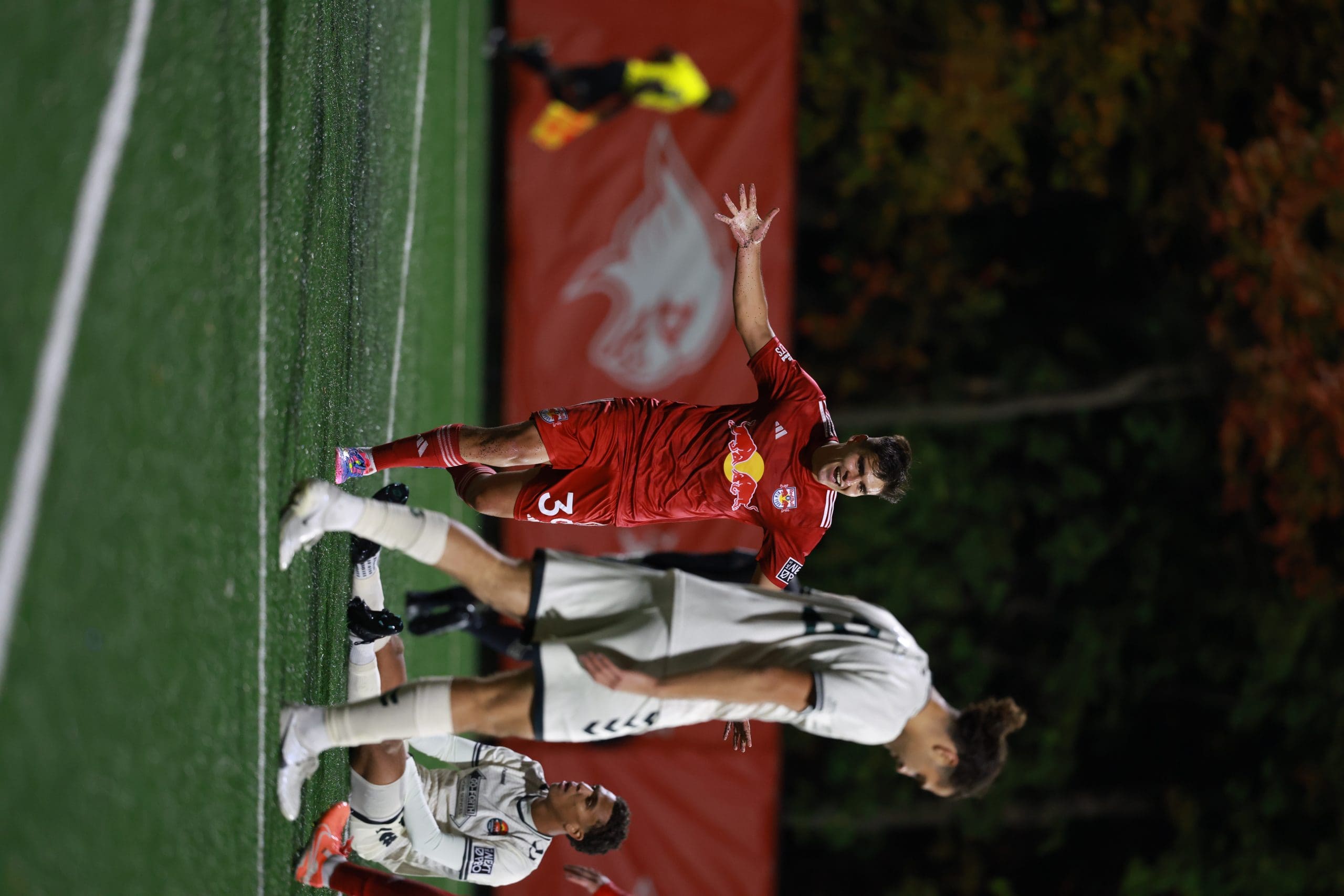 Nehuén Benedetti of New York Red Bulls II celebrates after scoring during the MLS Next Pro playoff match against Carolina Core FC at Montclair, NJ on October 20, 2025.