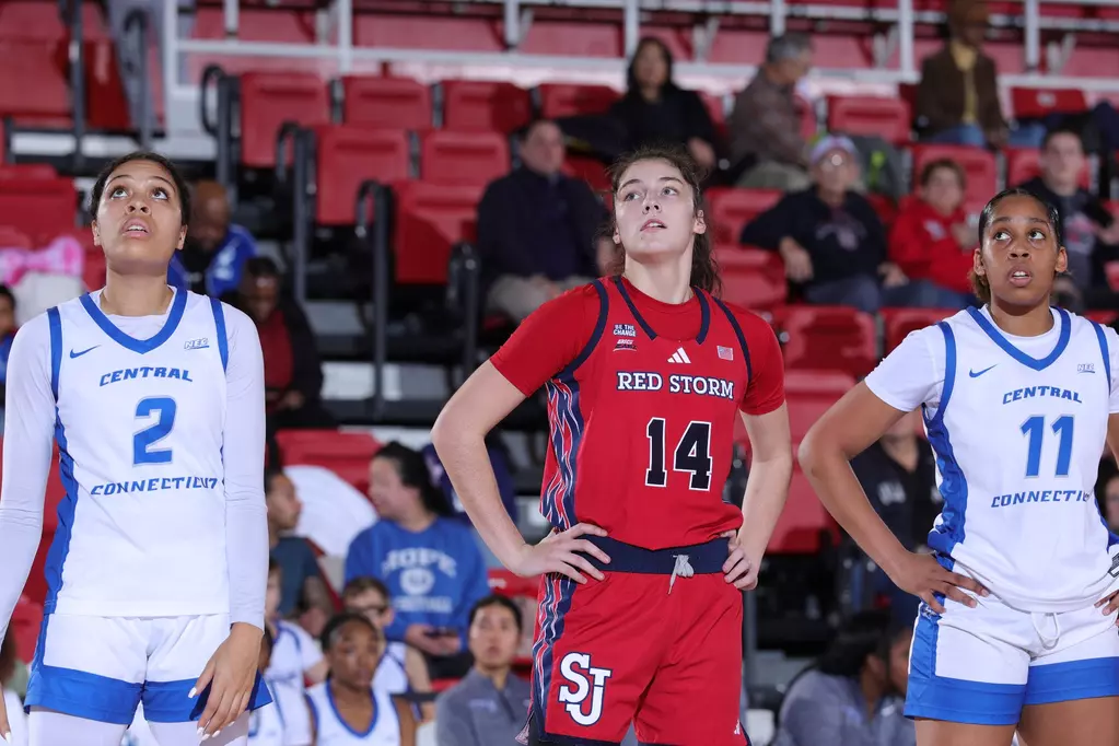 St. John's Red Storm forward Kylie Lavelle drives to the basket during 71-46 victory over Central Connecticut State at Carnesecca Arena, November 25, 2025