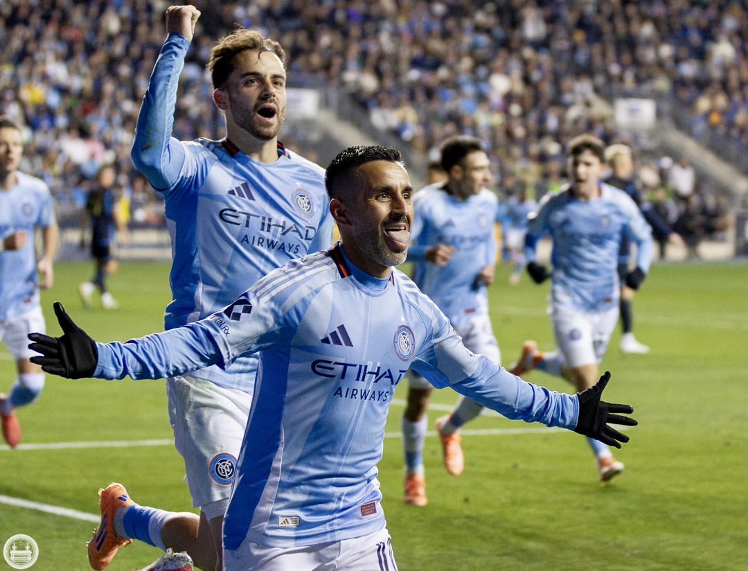 New York City FC midfielder Maxi Moralez celebrates his game-winning goal with teammates in the corner of Subaru Park during the 2025 MLS Cup Playoffs Eastern Conference Semifinal against the Philadelphia Union on November 23, 2025.