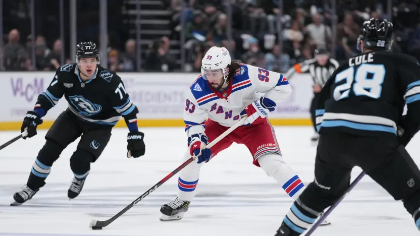 11/22/2025 Delta Center, Salt Lake City, UT., Mika Zibanejad skates with the puck. Mandatory Credit: New York Rangers