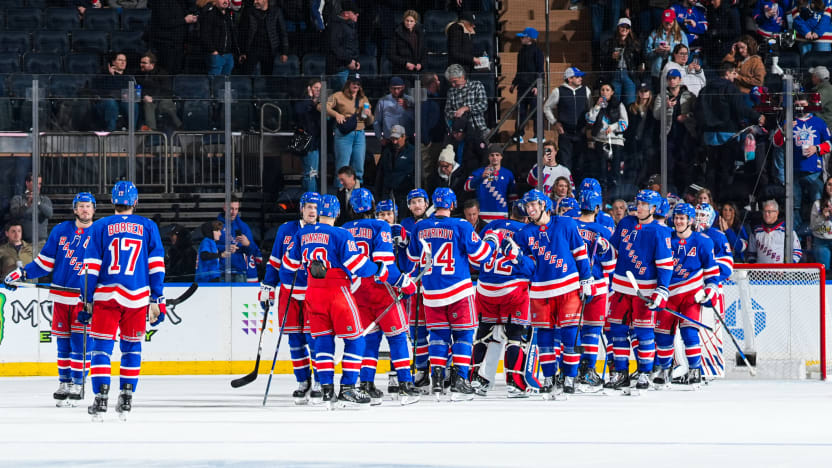 11/10/2025 Madison Square Garden, New York, NY, The Rangers celebrate their first win at home this season. Mandatory Credit: New York Rangers