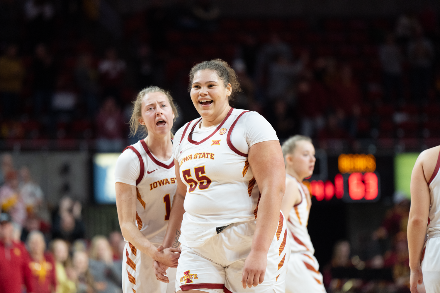 Iowa State Cyclones center Audi Crooks celebrates during women's basketball game at Hilton Coliseum in Ames