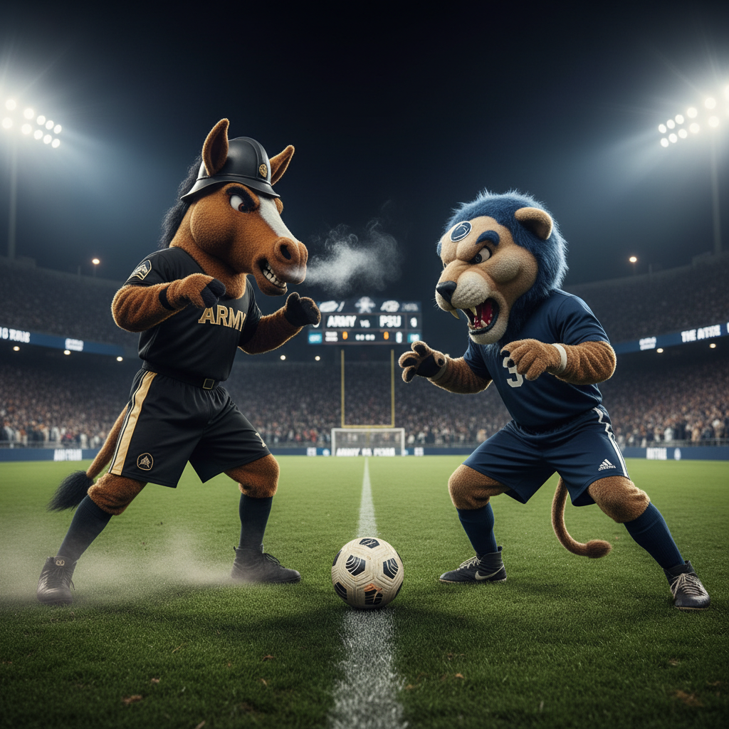 Army Black Knights mule mascot faces off against Penn State Nittany Lion mascot before NCAA Tournament first round match