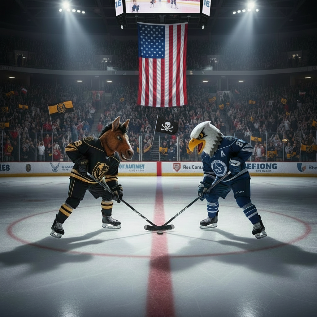 Army Black Knights mule mascot faces off against Air Force Falcons bird mascot at center ice during rivalry hockey game at Tate Rink with American flag hanging from scoreboard and Army skull flags in stands