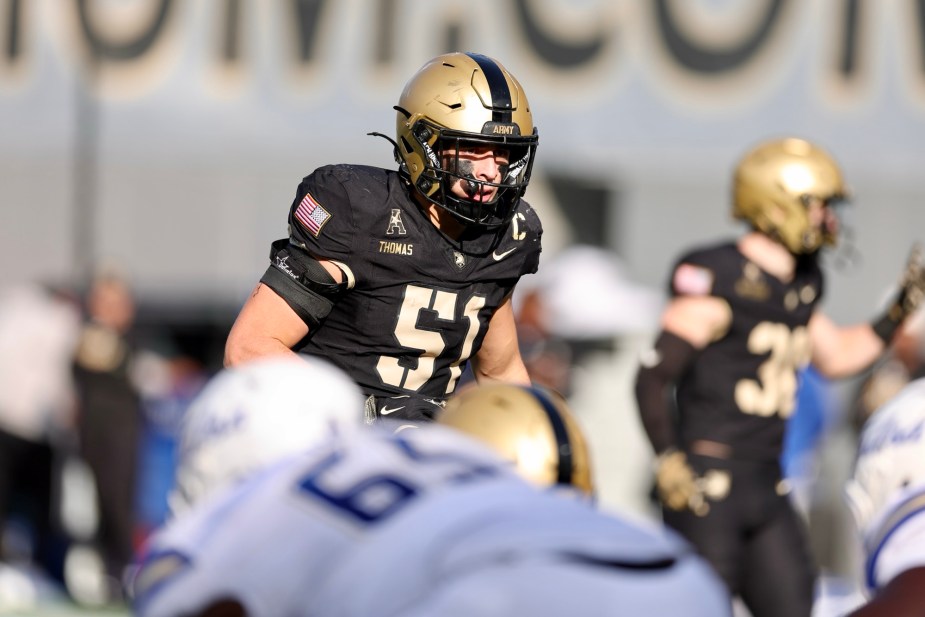 11/22/25, West Point , New York , Michie Stadium, Andon Thomas (#51), linebacker for the Army Black Knights, in action during the Army Black Knights vs. Tulsa Golden Hurricane matchup. Mandatory Credit: Jose Pichirilo. Bad Dawg Sports