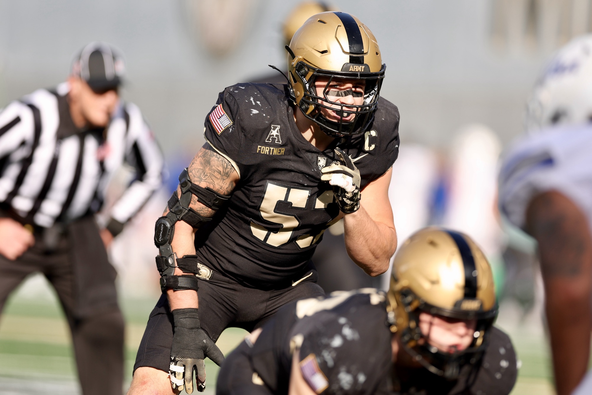 11/22/25, West Point , New York , Michie Stadium, Kalib Fortner (#53) of the Army Black Knights in action during the Army Black Knights vs. Tulsa Golden Hurricane matchup. Mandatory Credit: Jose Pichirilo. Bad Dawg Sports
