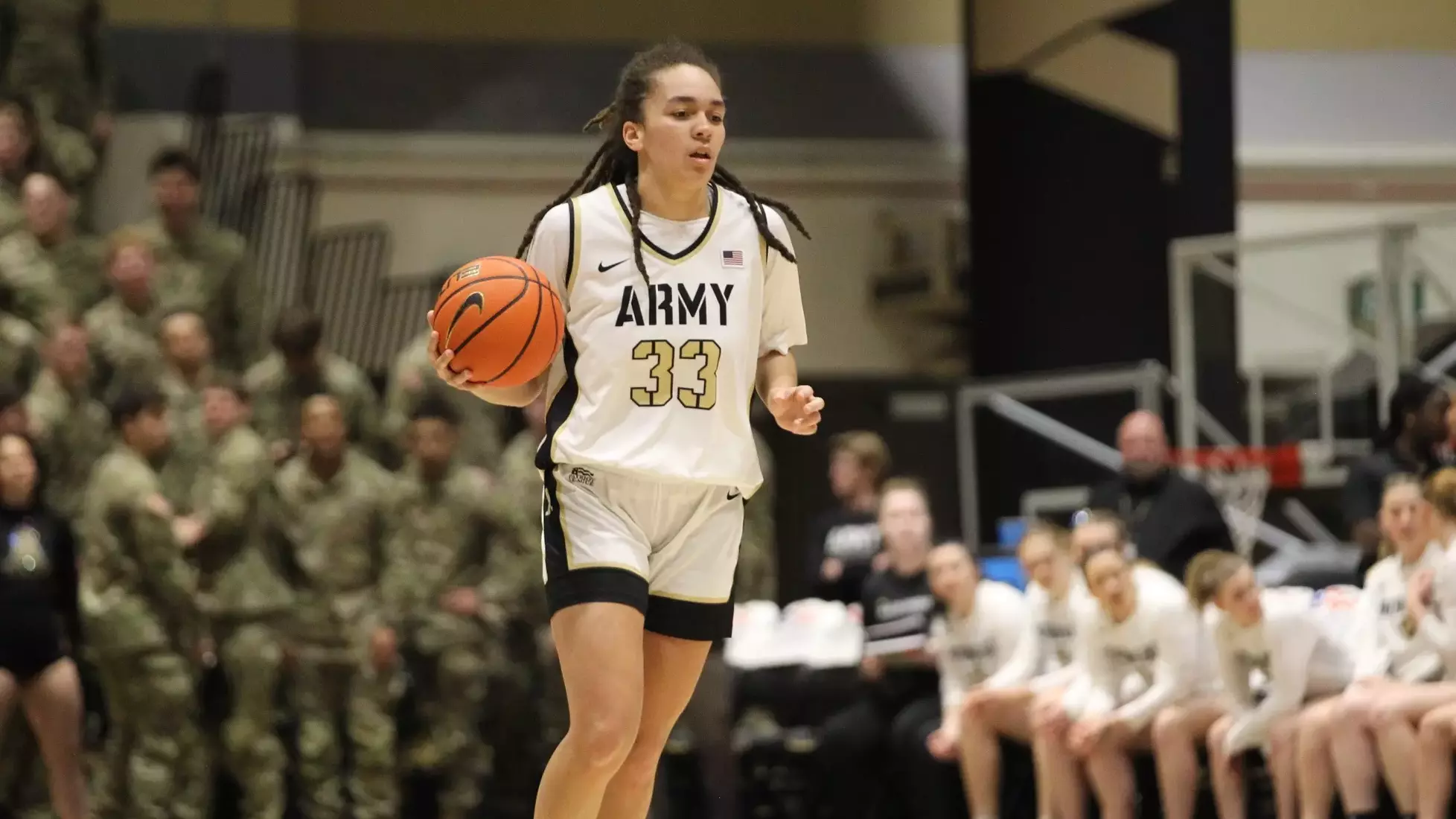 Fiona Hastick, Army West Point women's basketball junior captain and Preseason All-Patriot League guard/forward, in Black Knights uniform