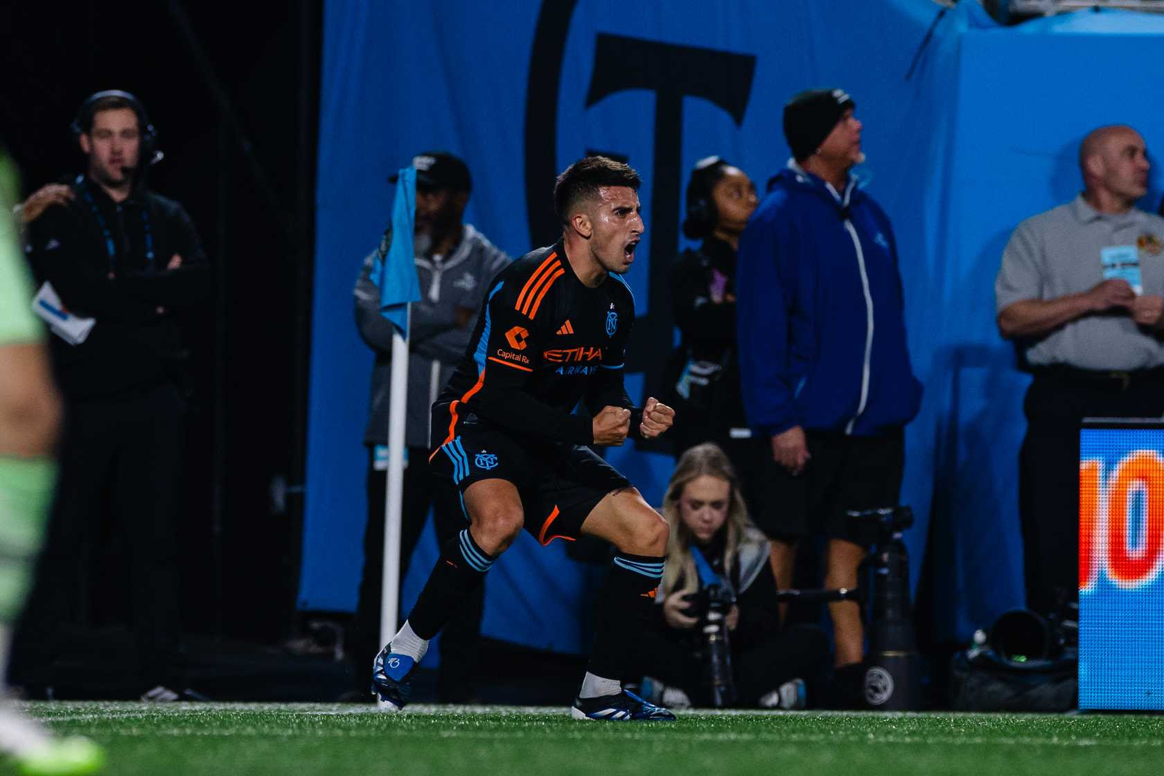 New York City FC midfielder Nicolás Fernández Mercau celebrates after scoring brace in 3-1 playoff victory over Charlotte FC at Bank of America Stadium in MLS Cup Playoffs Eastern Conference Round One Game 3