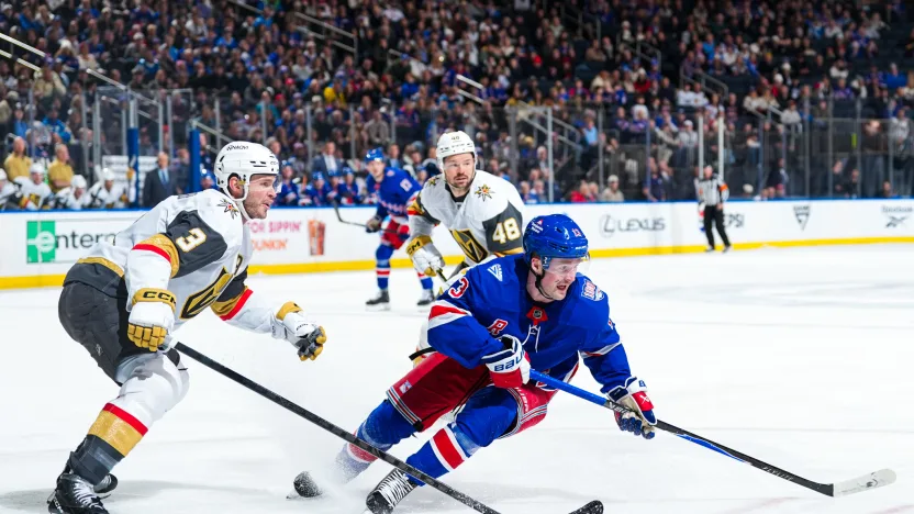 12/7/2025 Madison Square Garden, New York, NY., Alexis Lafreniere skates with the puck Mandatory Credit: New York