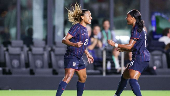 12/1/2025 Chase Stadium, Fort Lauderdale, FL., Alyssa Thompson celebrates the second goal for the U.S. Women's National Team. Mandatory Credit: ESPN