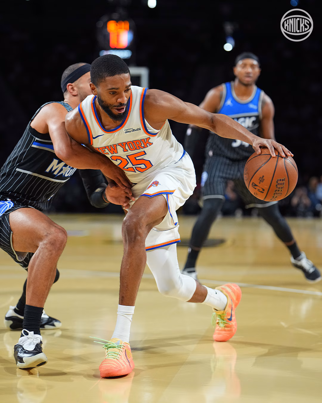 12/13/2025 T-Mobile Arena, Las Vegas, NV., Mikael Bridges dribbles to the hoop. Mandatory Credit: New York Knicks