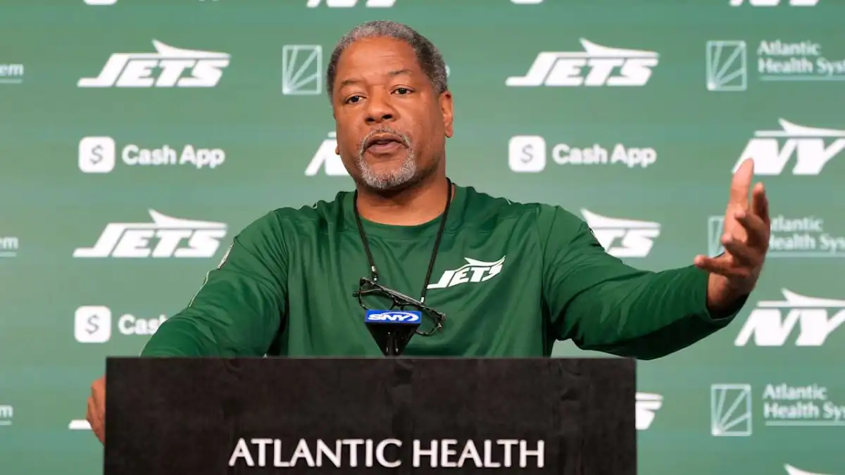 Steve Wilkes at the Jets Podium talking to the media. Mandatory Credit: AM New York