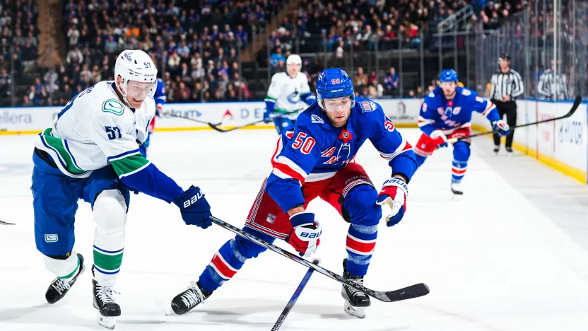 12/16/2025 Madison Square Garden, New York, NY., Will Cuylle skating with the puck. Mandatory credit,: New York Rangers