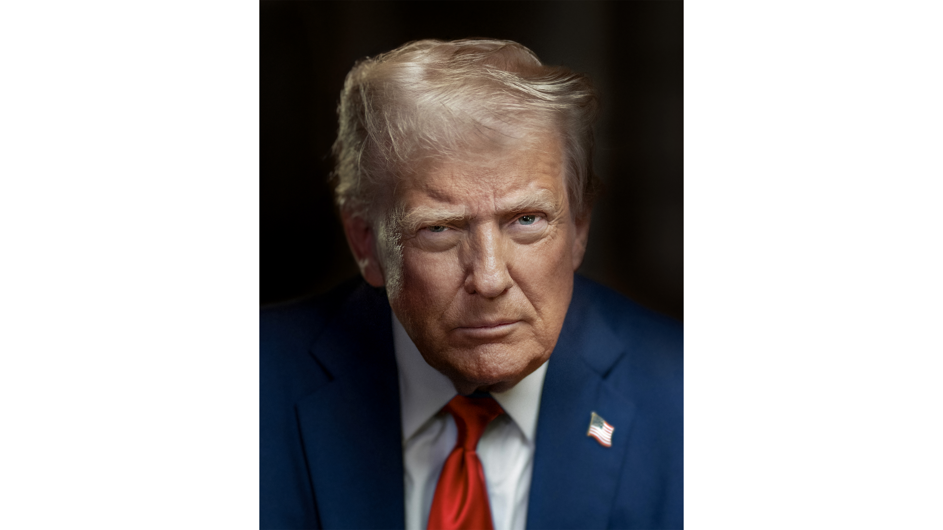 Official portrait of President Donald J. Trump in a blue suit, red tie, and American flag pin, gazing directly at the camera against a dark background. Mandatory Credit: White House