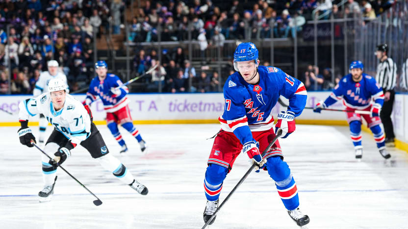 1/5/2026 Madison Square Garden, New York, NY., Will Borgen skates with the puck. Mandatory Credit: New York Rangers