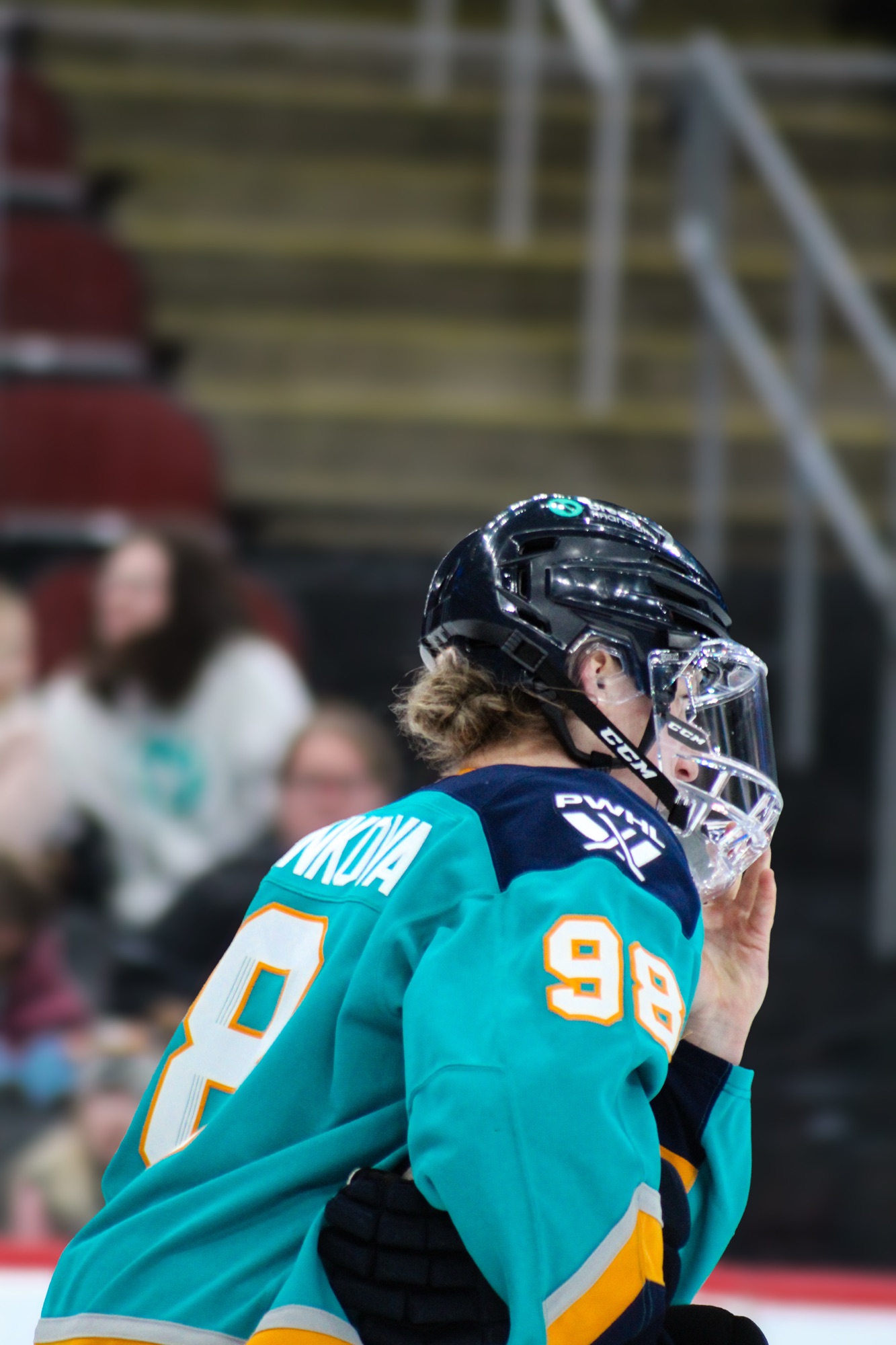New York Sirens forward Kristýna Kaltounková, wearing number 98, prepares for play during a PWHL game at Prudential Center.