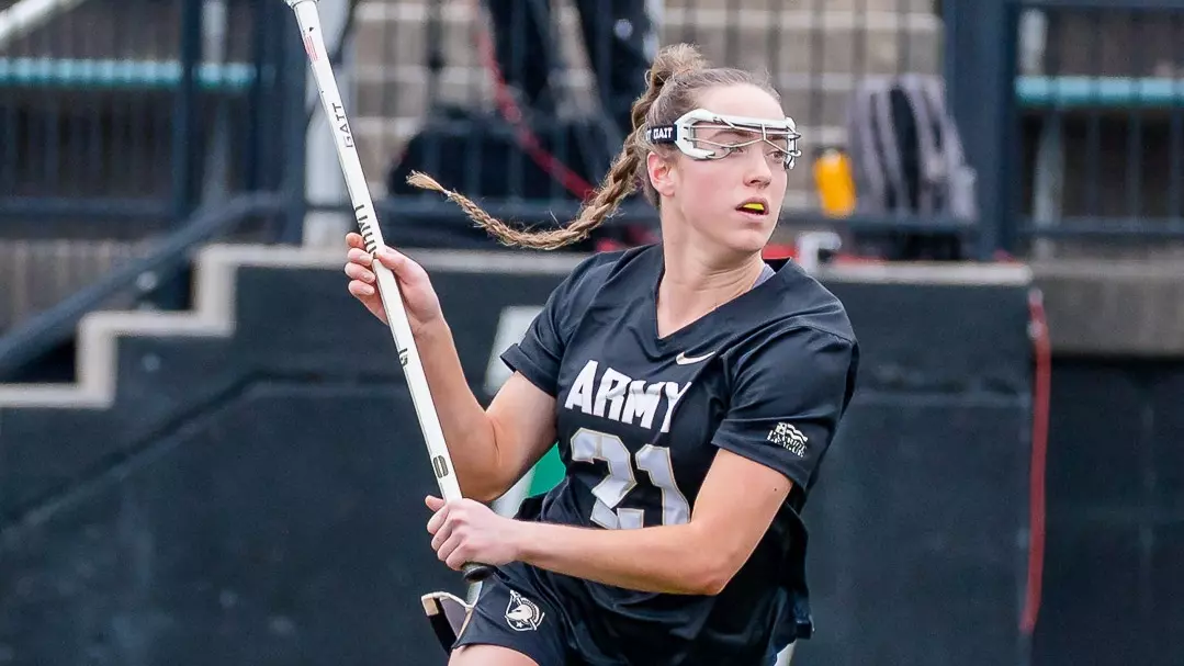 Army Black Knights women’s lacrosse player Brigid Duffy in action, wearing black uniform number 21 and eye protection, holding her stick during a game. Mandatory Credit: Army Athletics