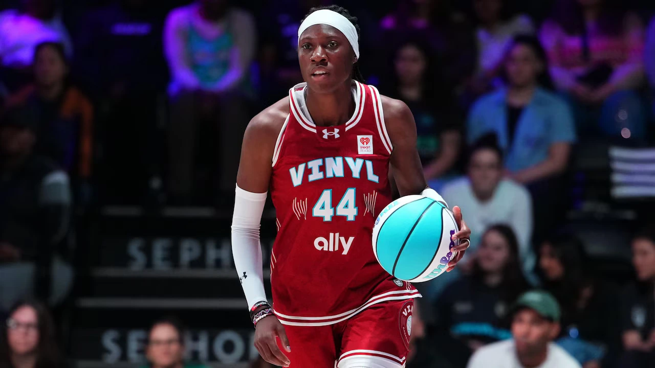 Rhyne Howard of Vinyl dribbles up the court during an Unrivaled playoff game against the Laces on Feb. 28, 2026. Mandatory Credit: Rich Storry/Getty Images.