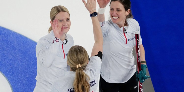 2/17/2026 Olympic Curling Arena, Cortina Bay, Italy, Cory Thiesse celebrates the win over Denmark. Mandatory Credit: NBC Philadelphia Through Getty Images
