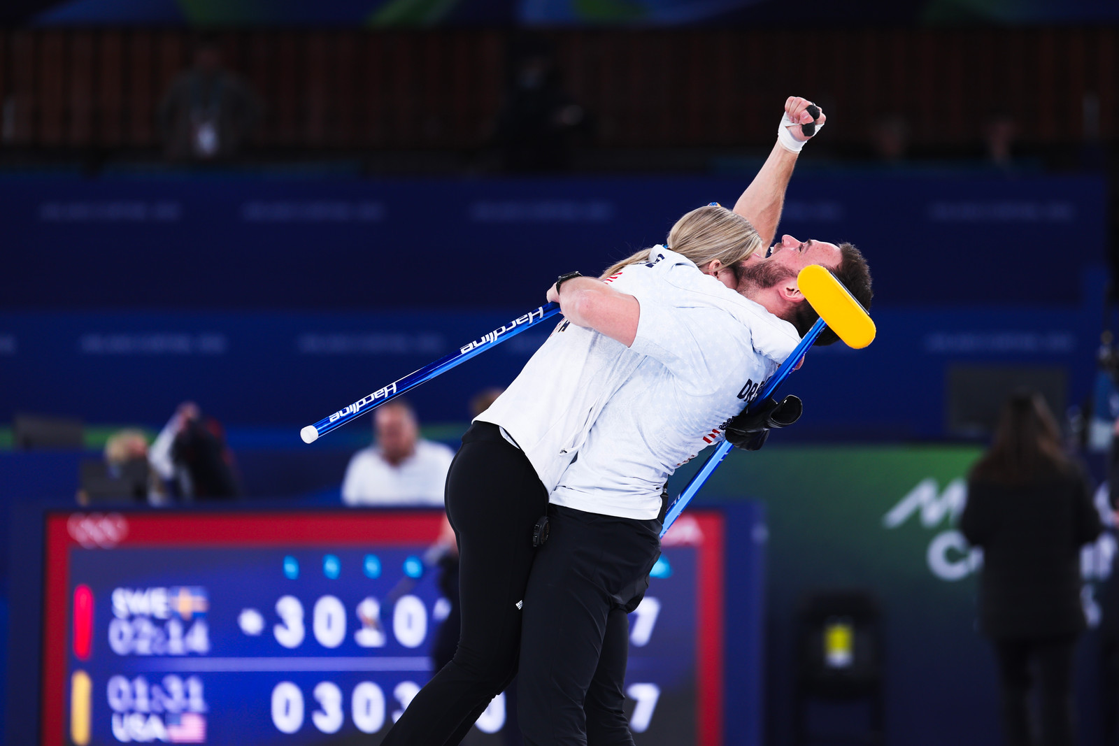 2/9/2026 Photo by Stephen Fisher of World Curling as Cory Thiesse & Korey Dropkin defeats Italy and advances to the Olympic Mixed Doubles Gold Medal Game