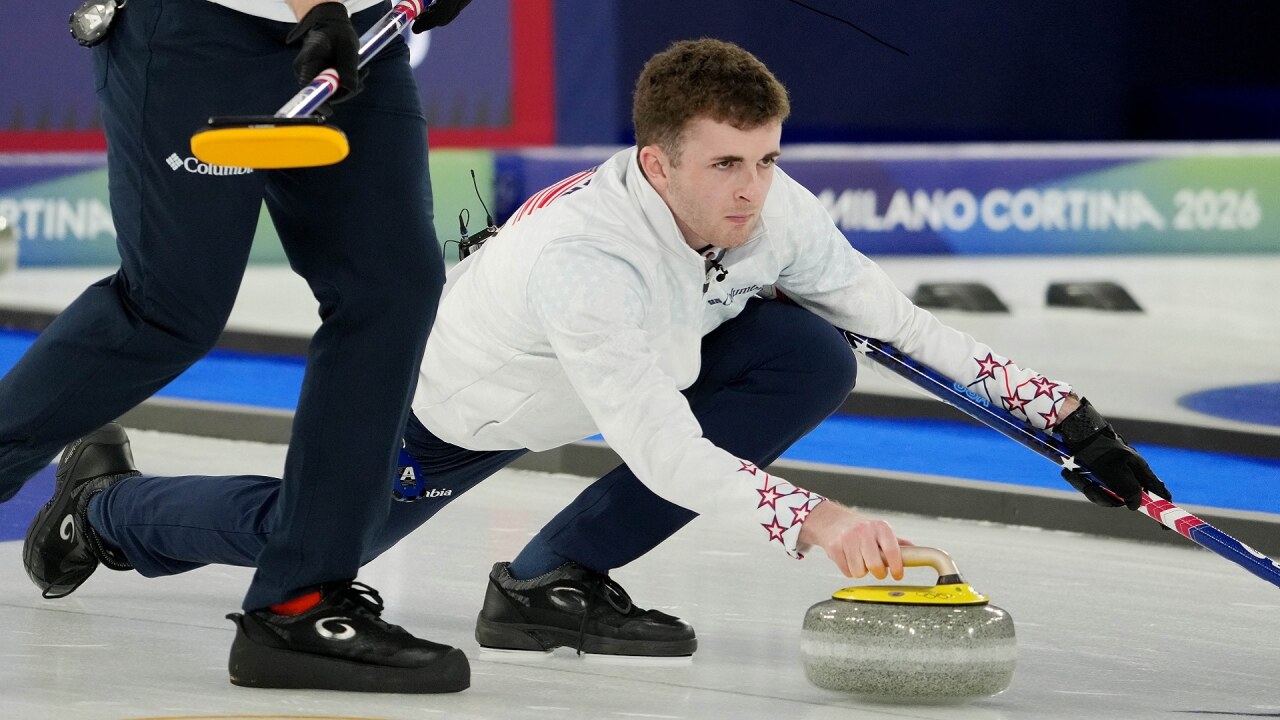 2/11/2026 Olympic Curling House, Cortina Bay, Italy, Daniel Casper Sends the Hammer to win the game. Mandatory Credit: KSHB of Kansas City Through Getty Images